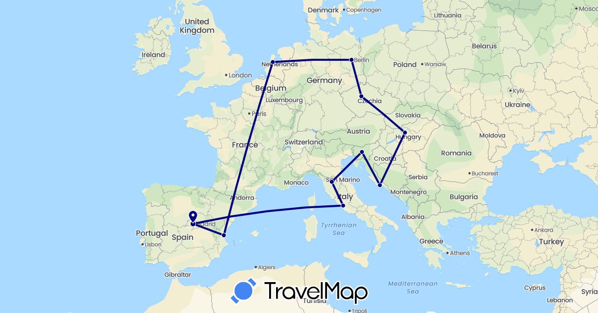 TravelMap itinerary: driving in Czech Republic, Germany, Spain, Croatia, Hungary, Italy, Netherlands, Slovenia (Europe)
